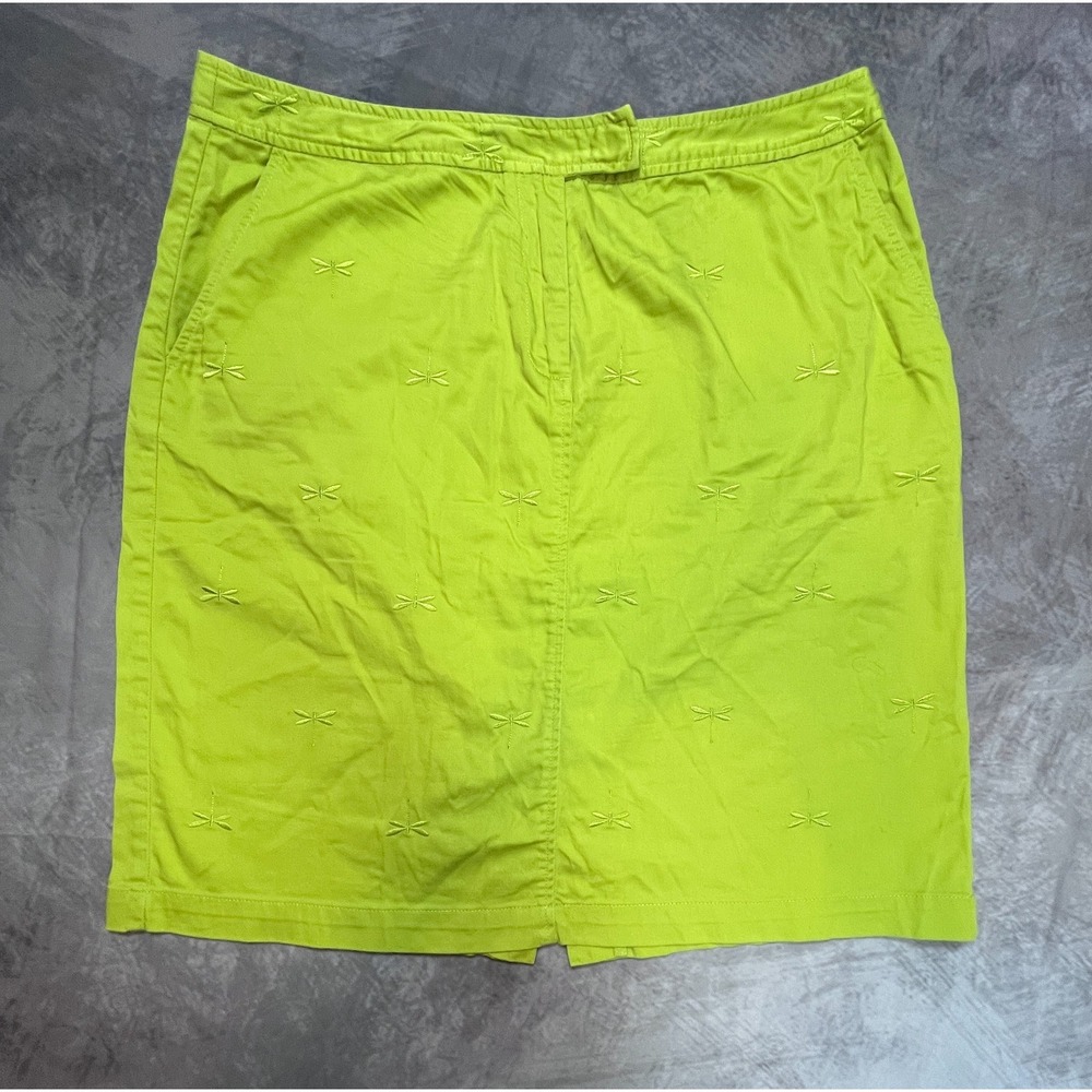 Talbots Straight & Pencil Skirt Women 12 Lime Green Cotton Dragonfly Embroidered